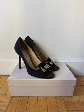 Jimmy Choo Black Satin Heels with Bow Accent